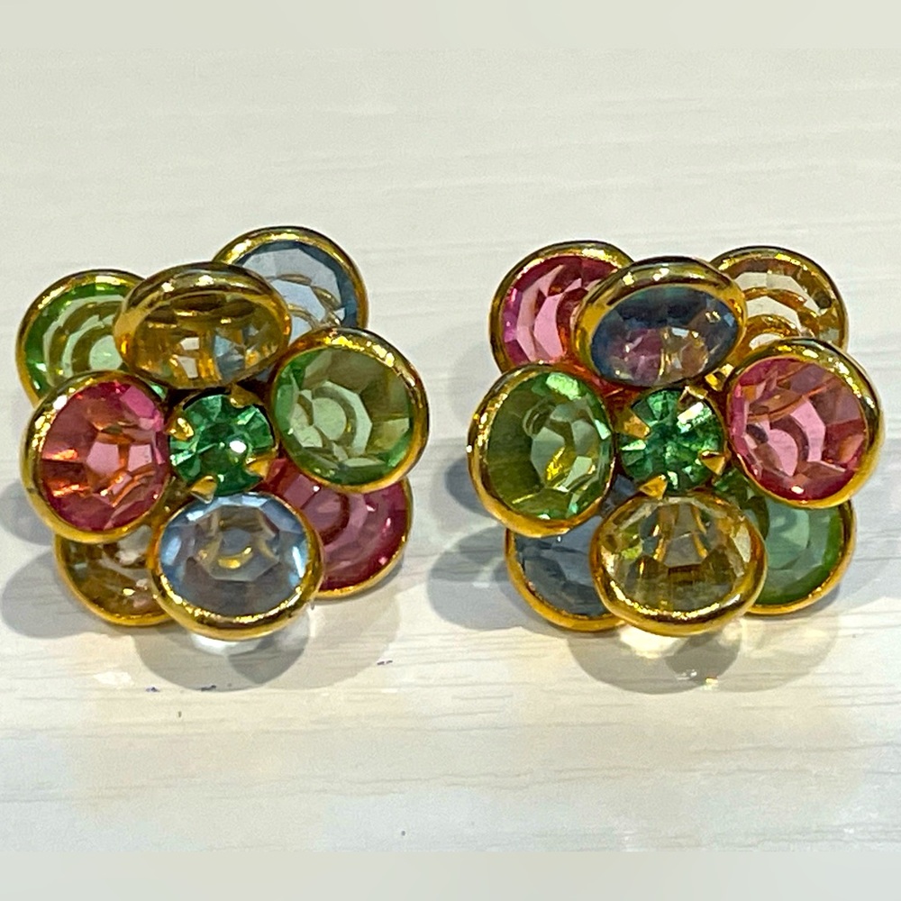 Pair Pierced Earrings Gold tone Crystal? Pink,blue, green, shiny like rhinestone
